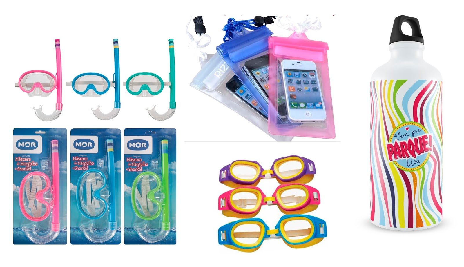 óculos mergulho, snorkel, squezze, capa celular a prova d'água
